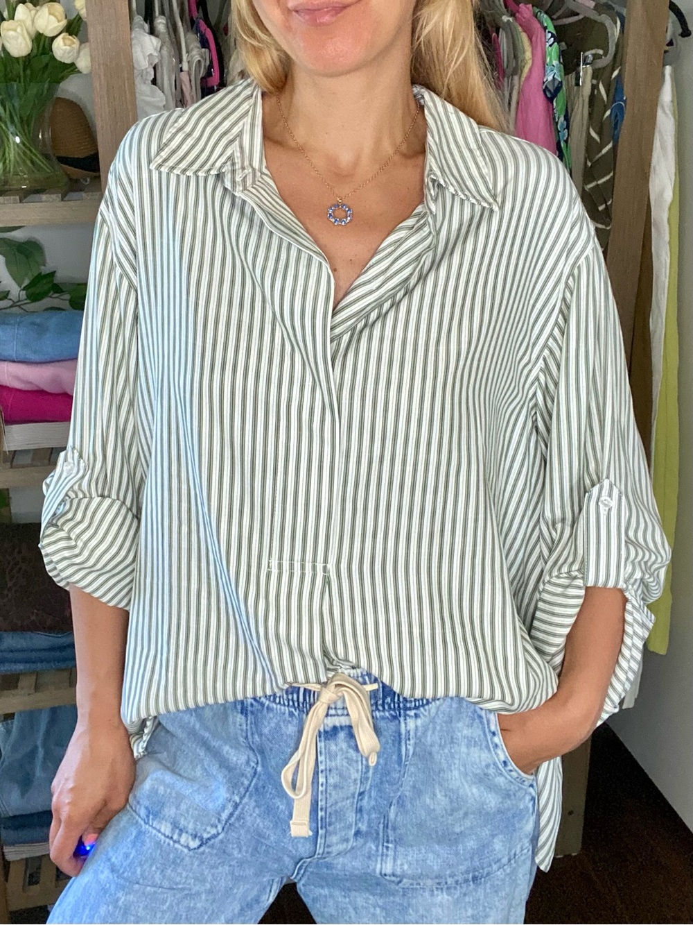 MAX STUDIO PLUS Striped Green & White Relaxed Button-Front Women's Top! 🐚